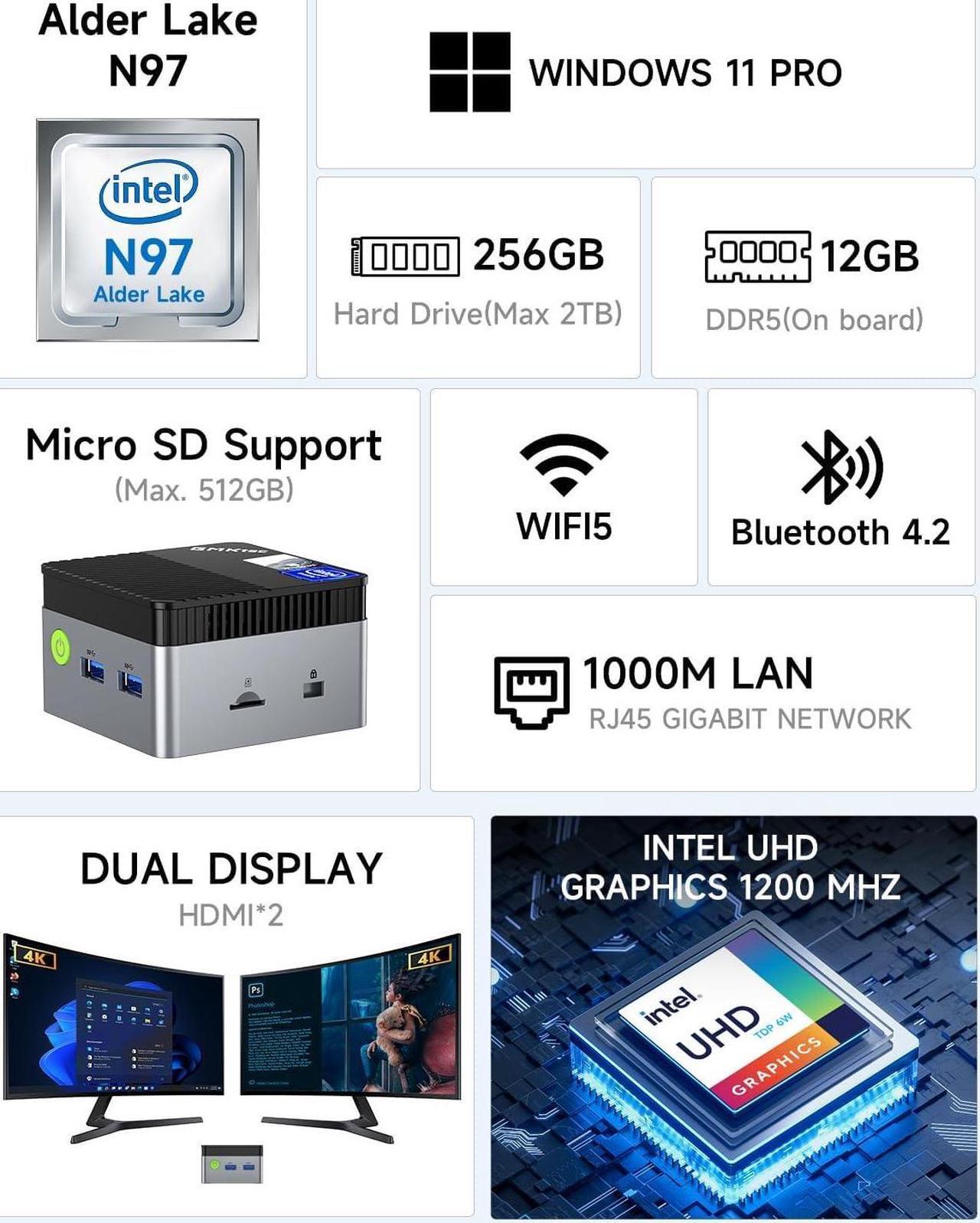 Alt view image 2 of 7 - Mini PC Preinstalled Windows 11 Pro  N5105, 8GB RAM 128GB Hard Drive Desktop Mini Computer, Micro Computer with Dual HDMI 4K, Dual DDR4, Dual WiFi, RJ45 Ethernet, BT4.2 & Cooling Fans