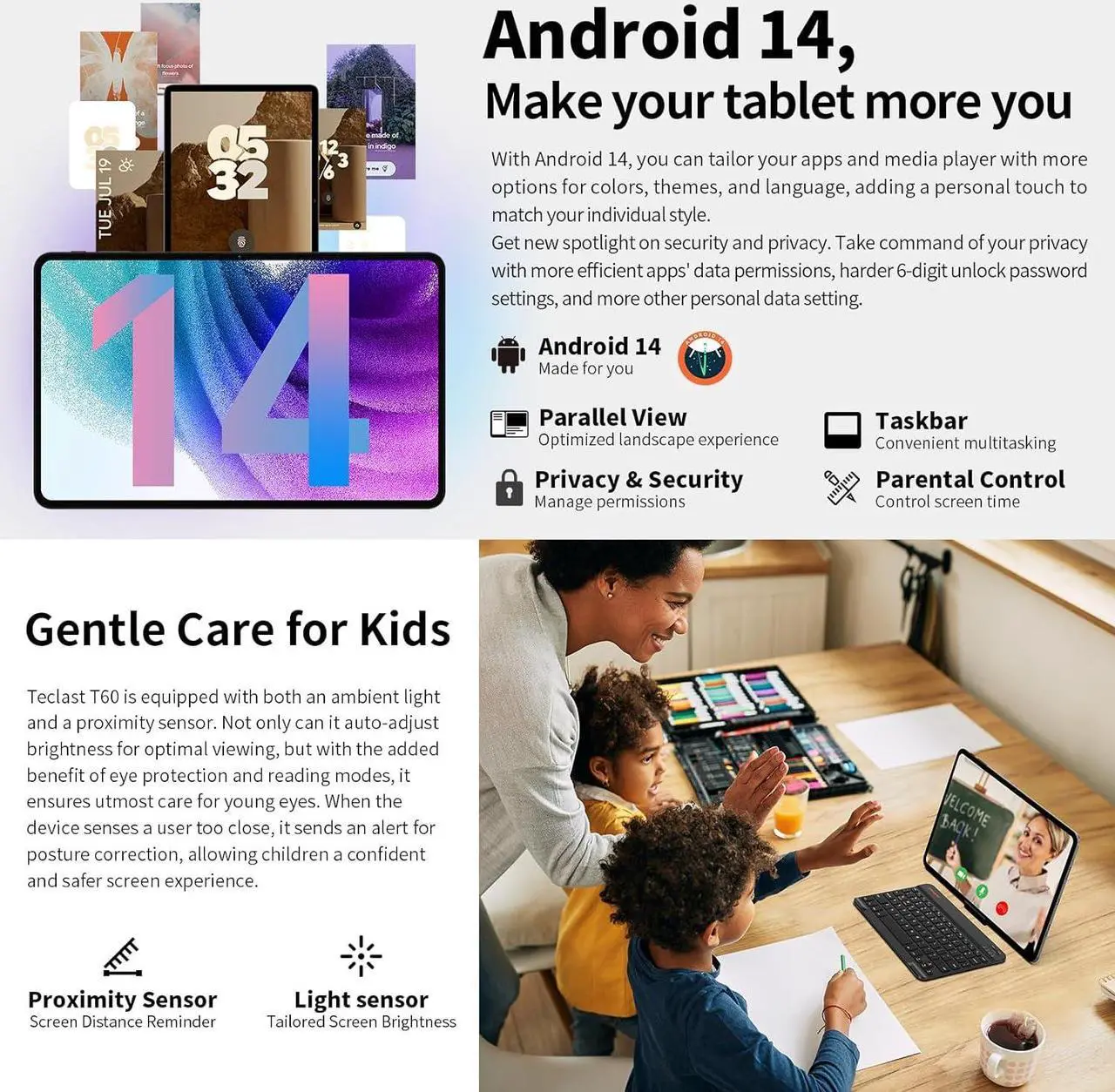 Alt view image 3 of 7 - Tablet 12 inch Android 14 Tablets, T60 with 256GB Storage(Expand to 1TB), Unisoc T616 CPU, 8000mAh +18W PD Fast Charger, 4 Speakers, 5G WiFi+4G LTE, Dual 13MP Camera,GPS