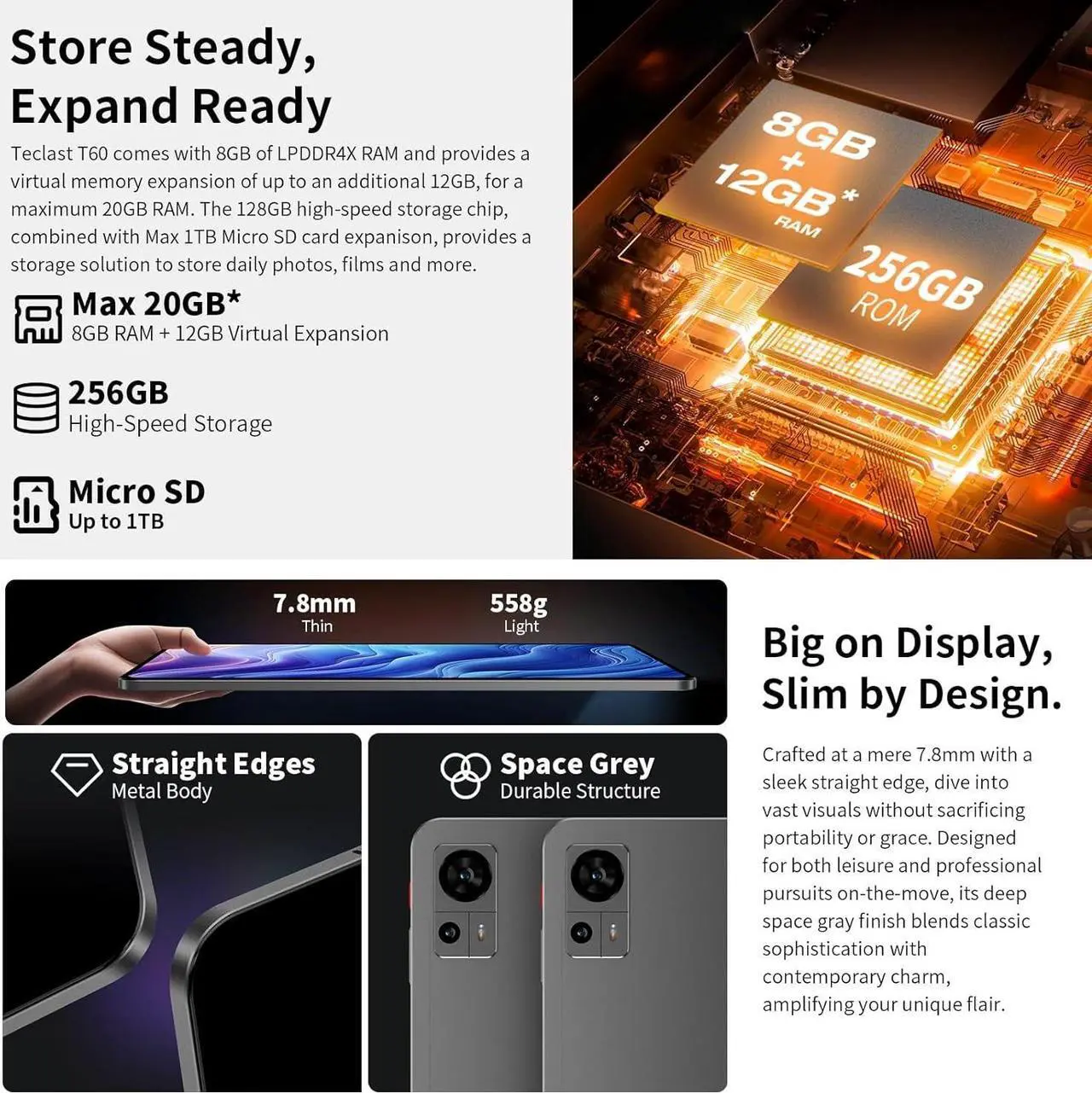 Alt view image 5 of 7 - Tablet 12 inch Android 14 Tablets, T60 with 256GB Storage(Expand to 1TB), Unisoc T616 CPU, 8000mAh +18W PD Fast Charger, 4 Speakers, 5G WiFi+4G LTE, Dual 13MP Camera,GPS