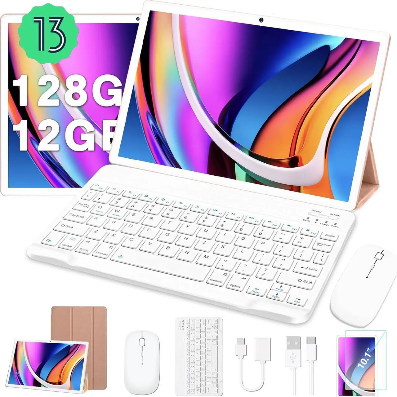 Main image of 2024 Newest Tablet 10 Inch Android 13 12GB RAM + 128GB ROM Octa-Core (1TB TF) | WiFi 5G | FHD | BT5.0 | GPS | GMS Certified | 8000mAh Battery | 8+5MP | Metal Body with Case Keyboard and Mouse Gold