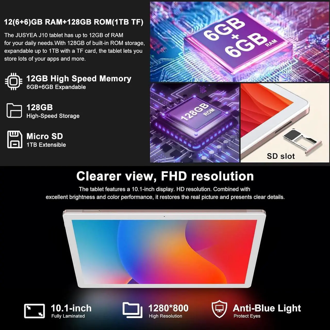Alt view image 3 of 7 - 2024 Newest Tablet 10 Inch Android 13 12GB RAM + 128GB ROM Octa-Core (1TB TF) | WiFi 5G | FHD | BT5.0 | GPS | GMS Certified | 8000mAh Battery | 8+5MP | Metal Body with Case Keyboard and Mouse Gold