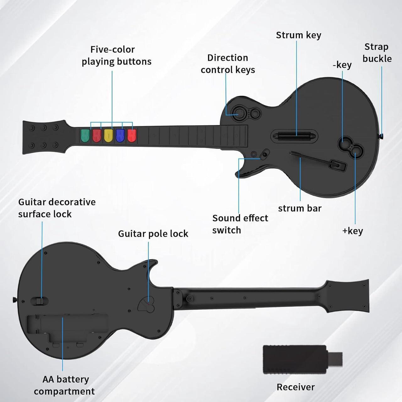 Alt view image 6 of 7 - PC Guitar Hero Controller, Wireless PS3 Guitar Hero with Dongle for PC,Playstation 3 Guitar Hero Rock Band Would Tour Clone Hero Games - Black