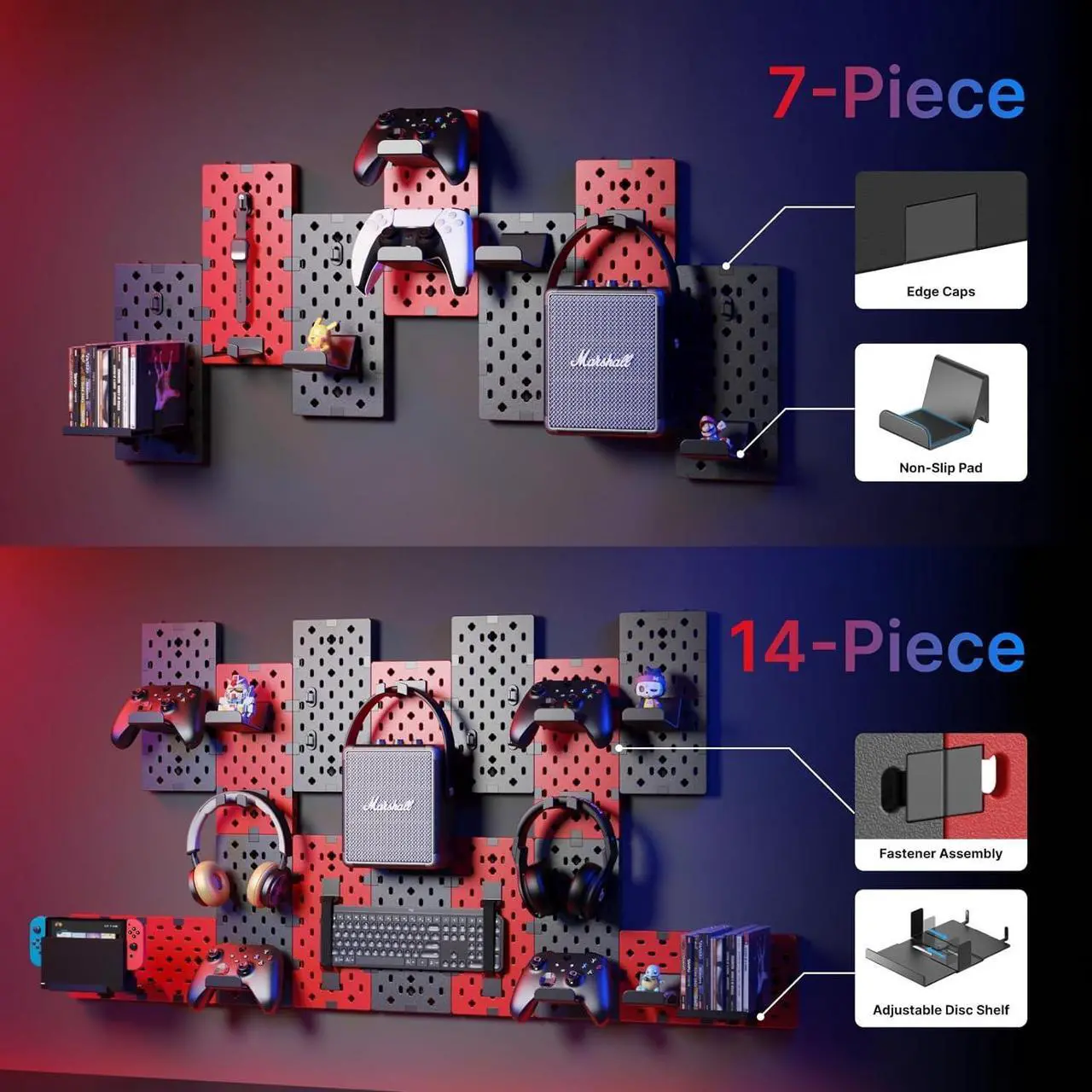 Alt view image 3 of 7 - Controller and Headphone Holder Wall Mount, Modular Gaming Pegboard with Accessories, Controller Stand for Xbox PS5 PS4 Switch, Video Game Storage, Disc Shelf Organizer, 14pcs Pegboard, Black