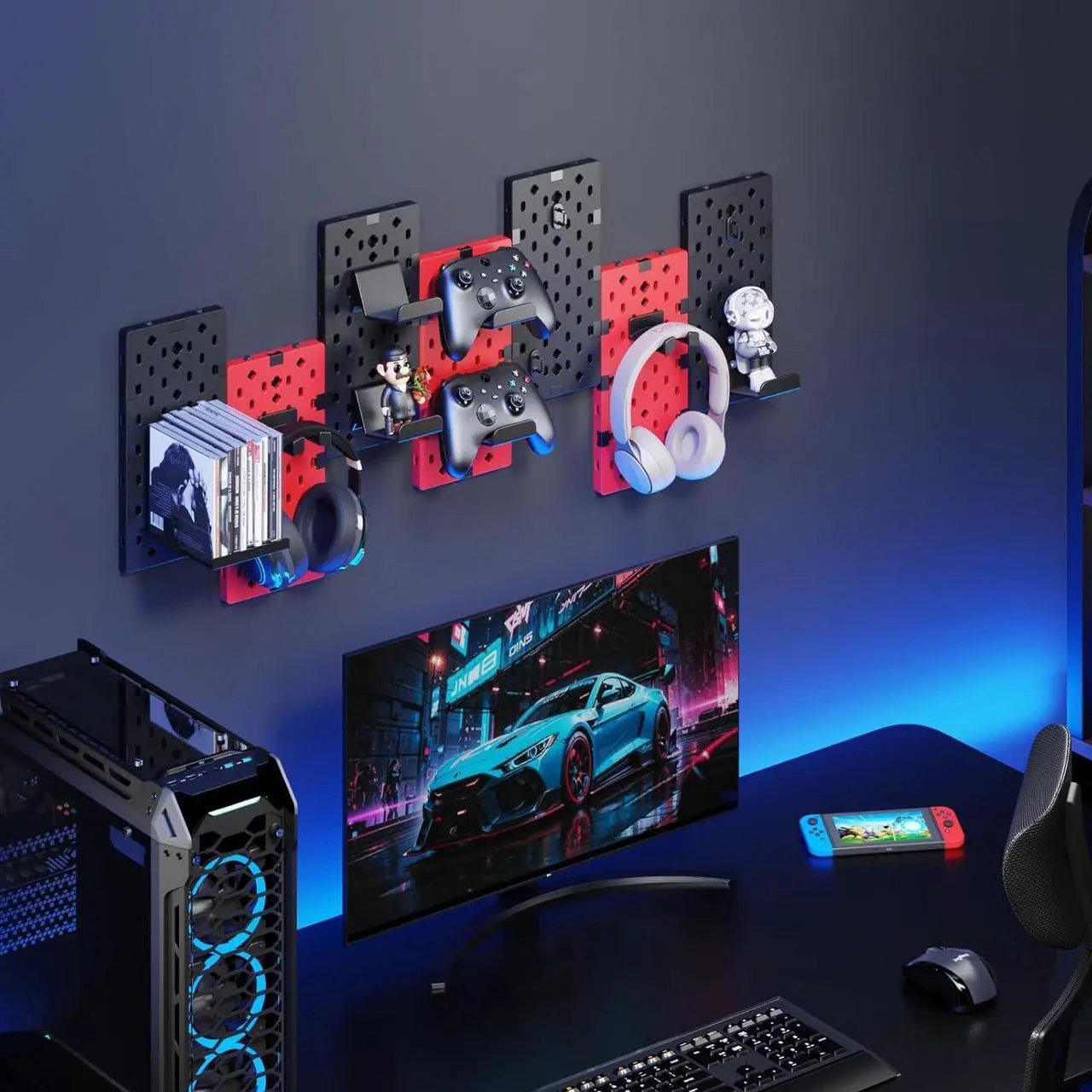 Alt view image 7 of 7 - Controller and Headphone Holder Wall Mount, Modular Gaming Pegboard with Accessories, Controller Stand for Xbox PS5 PS4 Switch, Video Game Storage, Disc Shelf Organizer, 14pcs Pegboard, Black