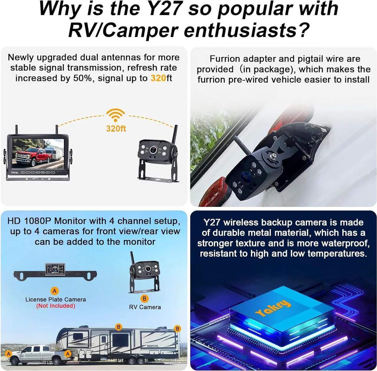 Alt view image 2 of 7 - RV Backup Camera Wireless Plug and Play: Pre-Wired for Furrion System Recording Wide View Rear View Camera Clear Night Vision HD 1080P 7'''' Touch Key Monitor for Trailer Camper Motorhome Yakry Y27-N