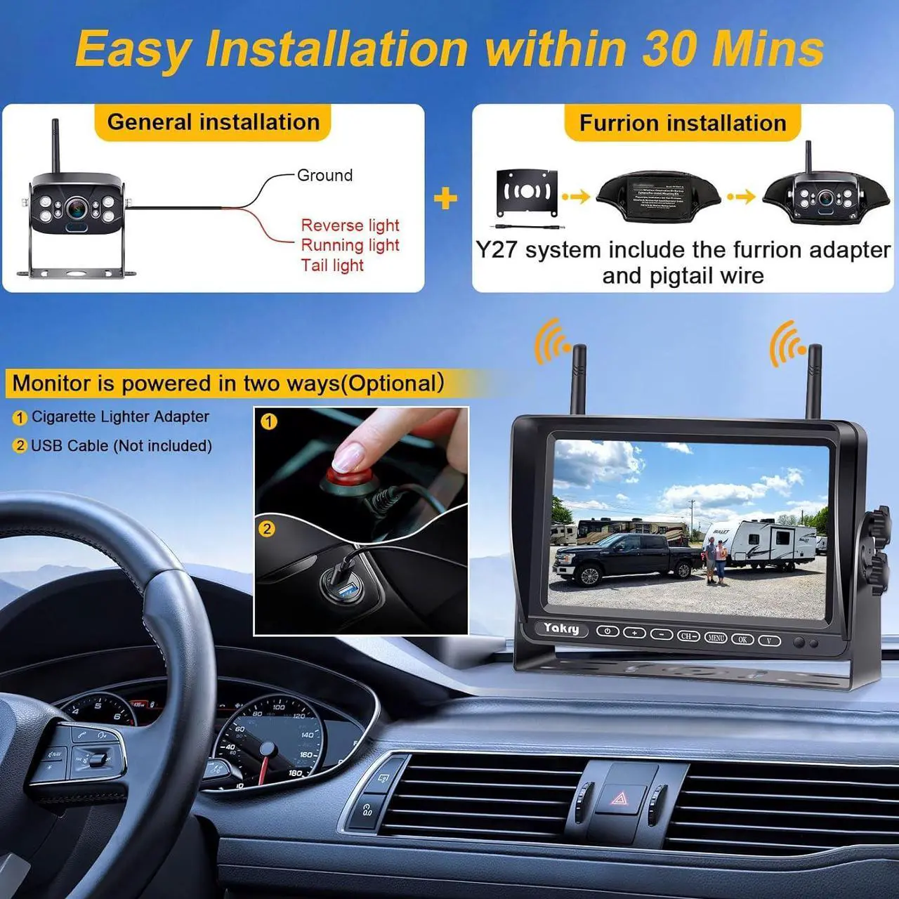 Alt view image 3 of 7 - RV Backup Camera Wireless Plug and Play: Pre-Wired for Furrion System Recording Wide View Rear View Camera Clear Night Vision HD 1080P 7'''' Touch Key Monitor for Trailer Camper Motorhome Yakry Y27-N
