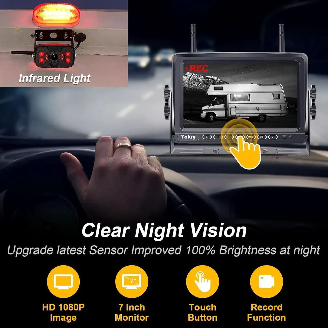 Alt view image 7 of 7 - RV Backup Camera Wireless Plug and Play: Pre-Wired for Furrion System Recording Wide View Rear View Camera Clear Night Vision HD 1080P 7'''' Touch Key Monitor for Trailer Camper Motorhome Yakry Y27-N