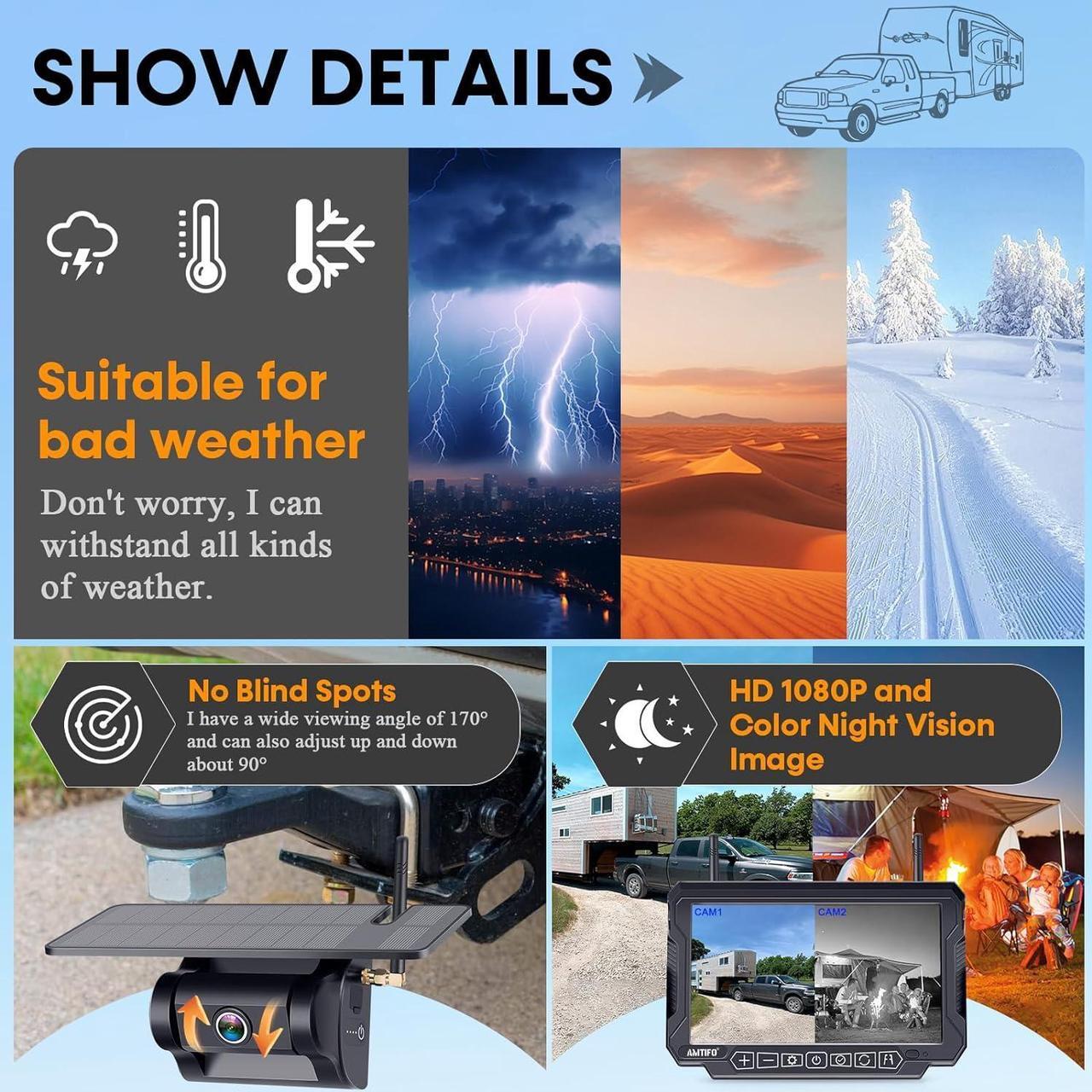 Alt view image 7 of 7 - RV Backup Camera Wireless Portable: Magnetic Scratch-Proof Install-Free 7-Inch Rear View Camera with DVR Recording Monitor - Rechargeable Solar Reverse Camera for Trailer Truck Camper AMTIFO A8