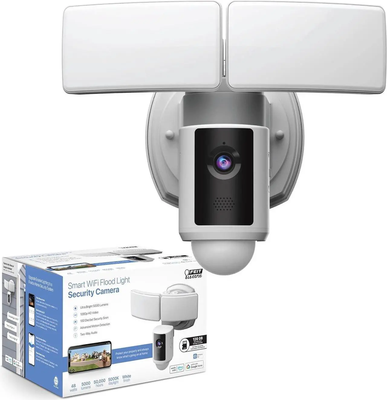 Alt view image 2 of 7 - Electric SEC3000/CAM/WIFI Outdoor LED Smart Security Camera with Motion Sensor, 2-Way Audio, 39-Watt Floodlight, Works with Alexa and Google Asst, Alarm, Hardwired, 128 GB Micro SD Card Storage