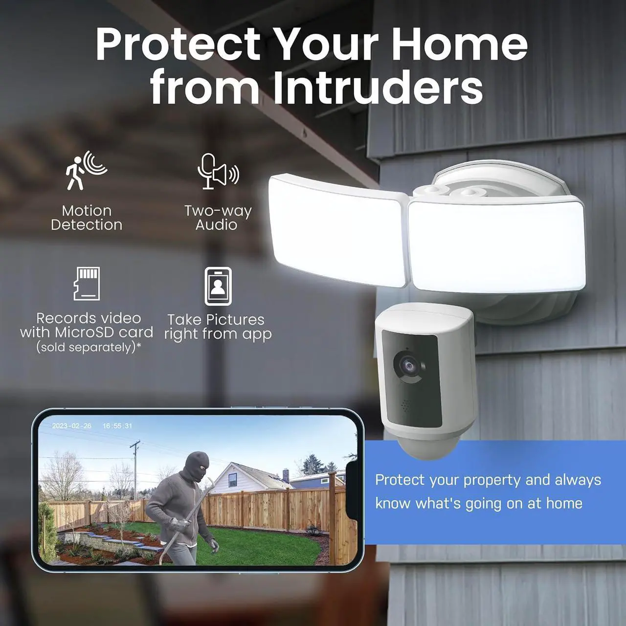 Alt view image 6 of 7 - Electric SEC3000/CAM/WIFI Outdoor LED Smart Security Camera with Motion Sensor, 2-Way Audio, 39-Watt Floodlight, Works with Alexa and Google Asst, Alarm, Hardwired, 128 GB Micro SD Card Storage