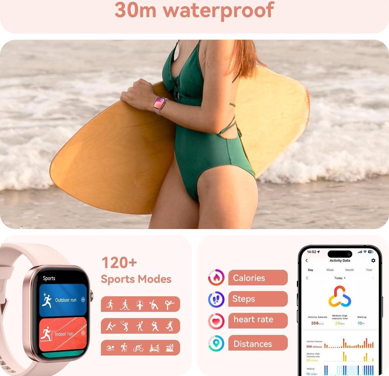Alt view image 6 of 7 - Smart Watch for Men Women iPhone & Android,1.99" AMOLDE Screen 3ATM Waterproof Fitness Watch with Answer/Make Call AI Voice,24H-Heart Rate/SpO2/BP Monitor,120+ Sports Modes (Black)
