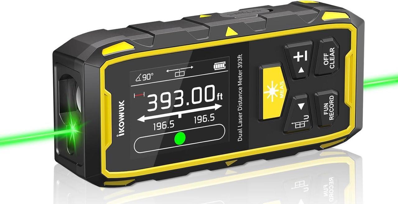 Main image of Dual Laser Measuring Tool, 393FT/120M Green Bilateral Laser Distance Meter 6 Unit Switching, Rechargeable Digital Laser Measure with Backlit LCD Display, Angle Sensor, Multiple Measure Mode