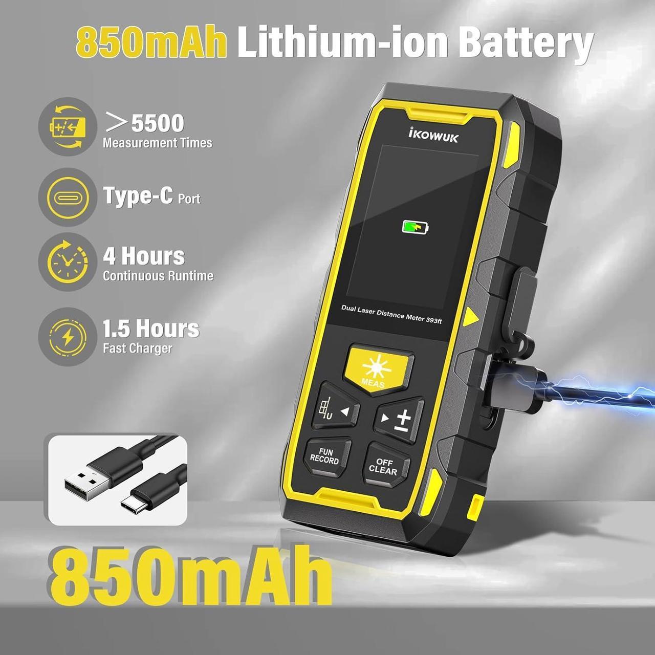 Alt view image 4 of 7 - Dual Laser Measuring Tool, 393FT/120M Green Bilateral Laser Distance Meter 6 Unit Switching, Rechargeable Digital Laser Measure with Backlit LCD Display, Angle Sensor, Multiple Measure Mode