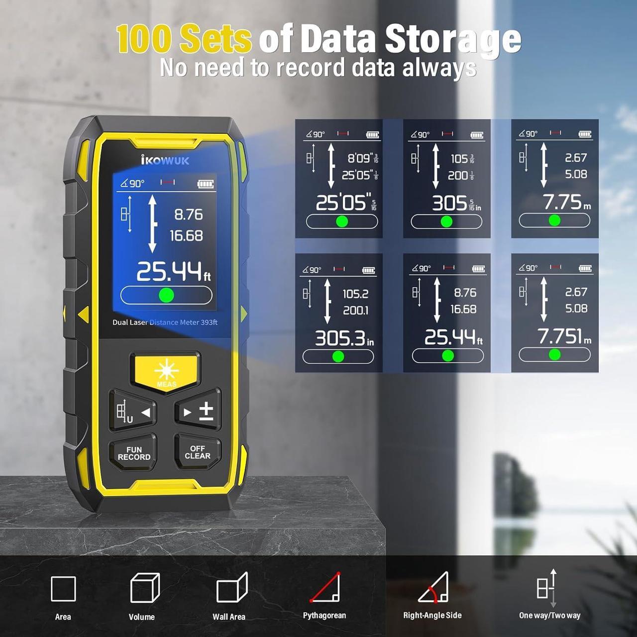 Alt view image 5 of 7 - Dual Laser Measuring Tool, 393FT/120M Green Bilateral Laser Distance Meter 6 Unit Switching, Rechargeable Digital Laser Measure with Backlit LCD Display, Angle Sensor, Multiple Measure Mode