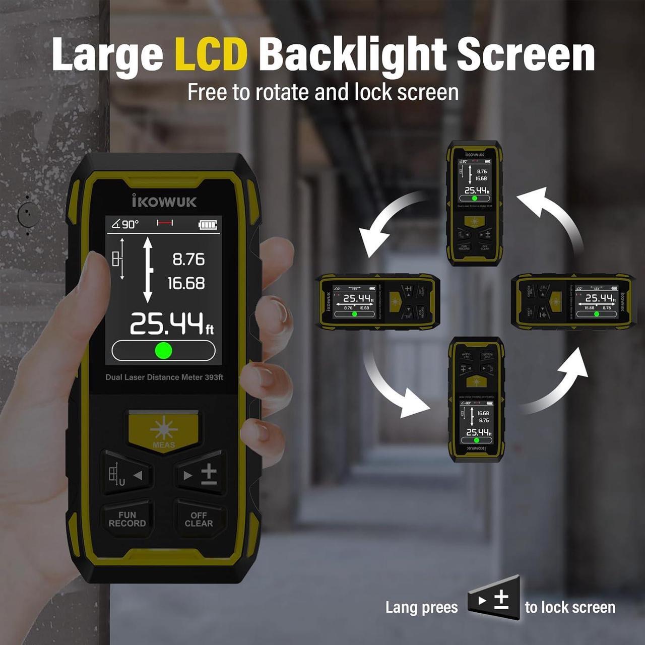 Alt view image 6 of 7 - Dual Laser Measuring Tool, 393FT/120M Green Bilateral Laser Distance Meter 6 Unit Switching, Rechargeable Digital Laser Measure with Backlit LCD Display, Angle Sensor, Multiple Measure Mode