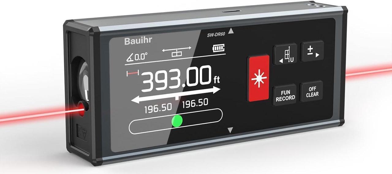 Main image of Laser Measurement Tool, Bauihr 393ft/120M Rechargeable Aluminum Dual Laser Distance Meter, Laser Measure with Color Backlit LCD Display, Digital Angle, M/in/Ft Unit Switching