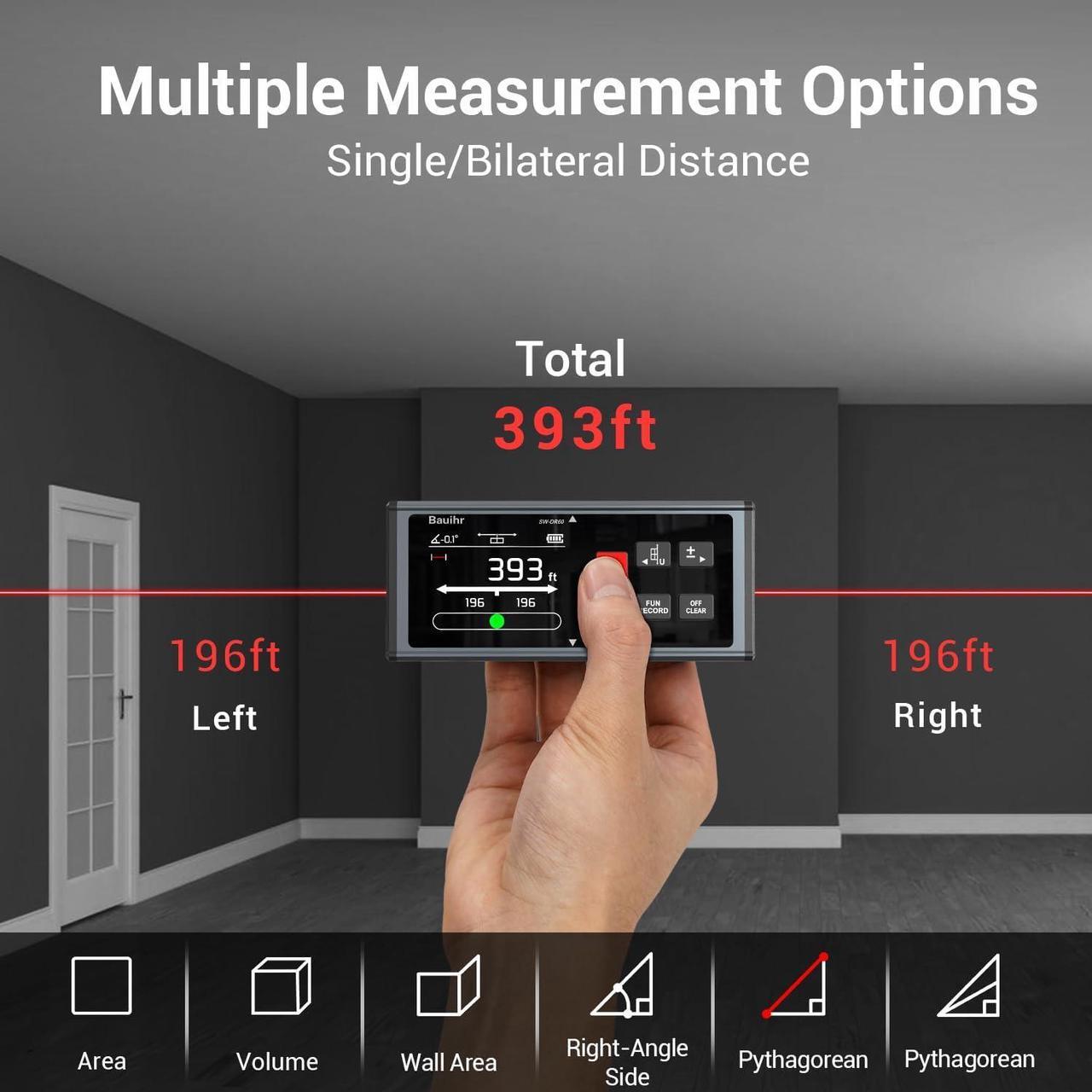Alt view image 2 of 7 - Laser Measurement Tool, Bauihr 393ft/120M Rechargeable Aluminum Dual Laser Distance Meter, Laser Measure with Color Backlit LCD Display, Digital Angle, M/in/Ft Unit Switching