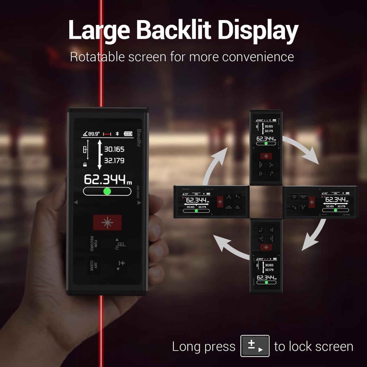 Alt view image 3 of 7 - Laser Measurement Tool, Bauihr 393ft/120M Rechargeable Aluminum Dual Laser Distance Meter, Laser Measure with Color Backlit LCD Display, Digital Angle, M/in/Ft Unit Switching