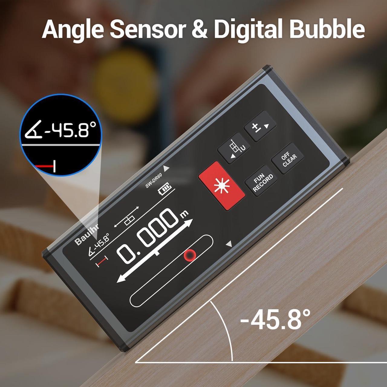 Alt view image 5 of 7 - Laser Measurement Tool, Bauihr 393ft/120M Rechargeable Aluminum Dual Laser Distance Meter, Laser Measure with Color Backlit LCD Display, Digital Angle, M/in/Ft Unit Switching