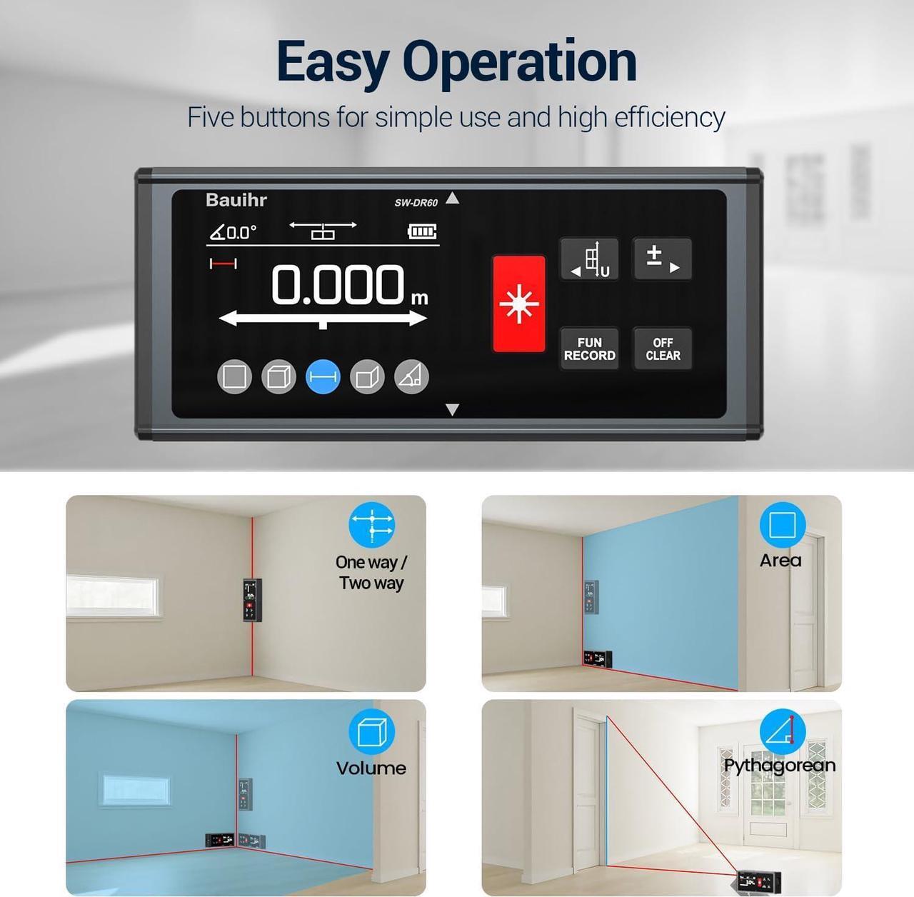 Alt view image 7 of 7 - Laser Measurement Tool, Bauihr 393ft/120M Rechargeable Aluminum Dual Laser Distance Meter, Laser Measure with Color Backlit LCD Display, Digital Angle, M/in/Ft Unit Switching