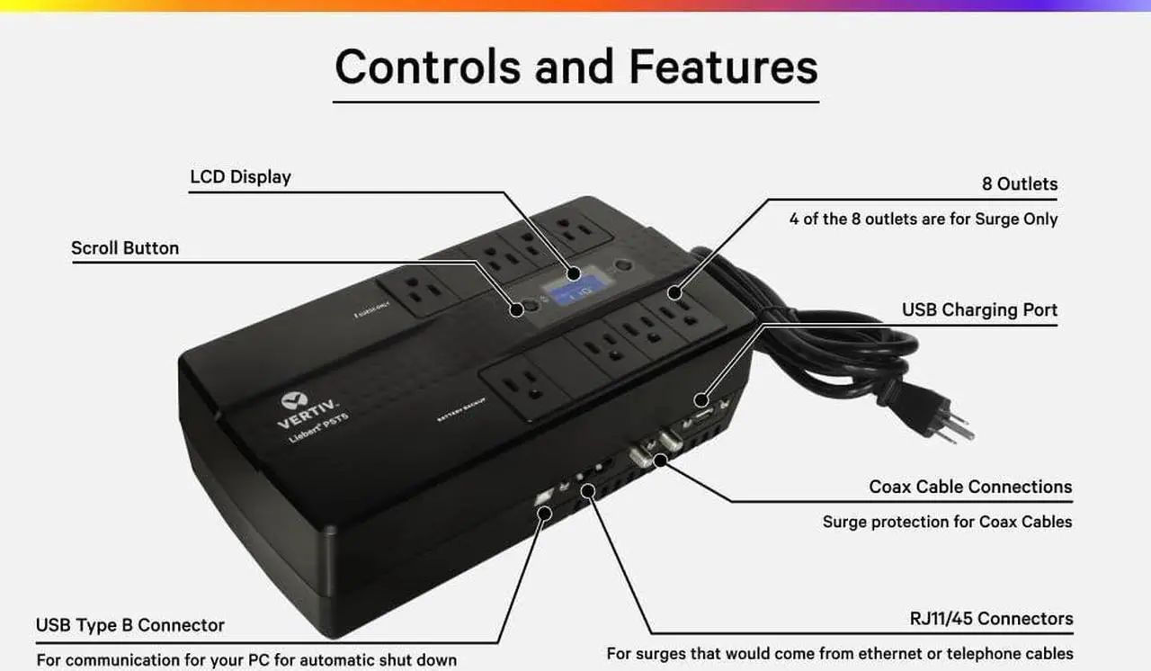 Alt view image 6 of 6 - Vertiv Liebert PST5 UPS - 850VA/500W 120V Standby Power, 8 Outlets, Battery Backup with Surge Protection, LCD Screen, Energy Star Certified, 3 Year Warranty, Free Shutdown Software (PST5-850MT120)