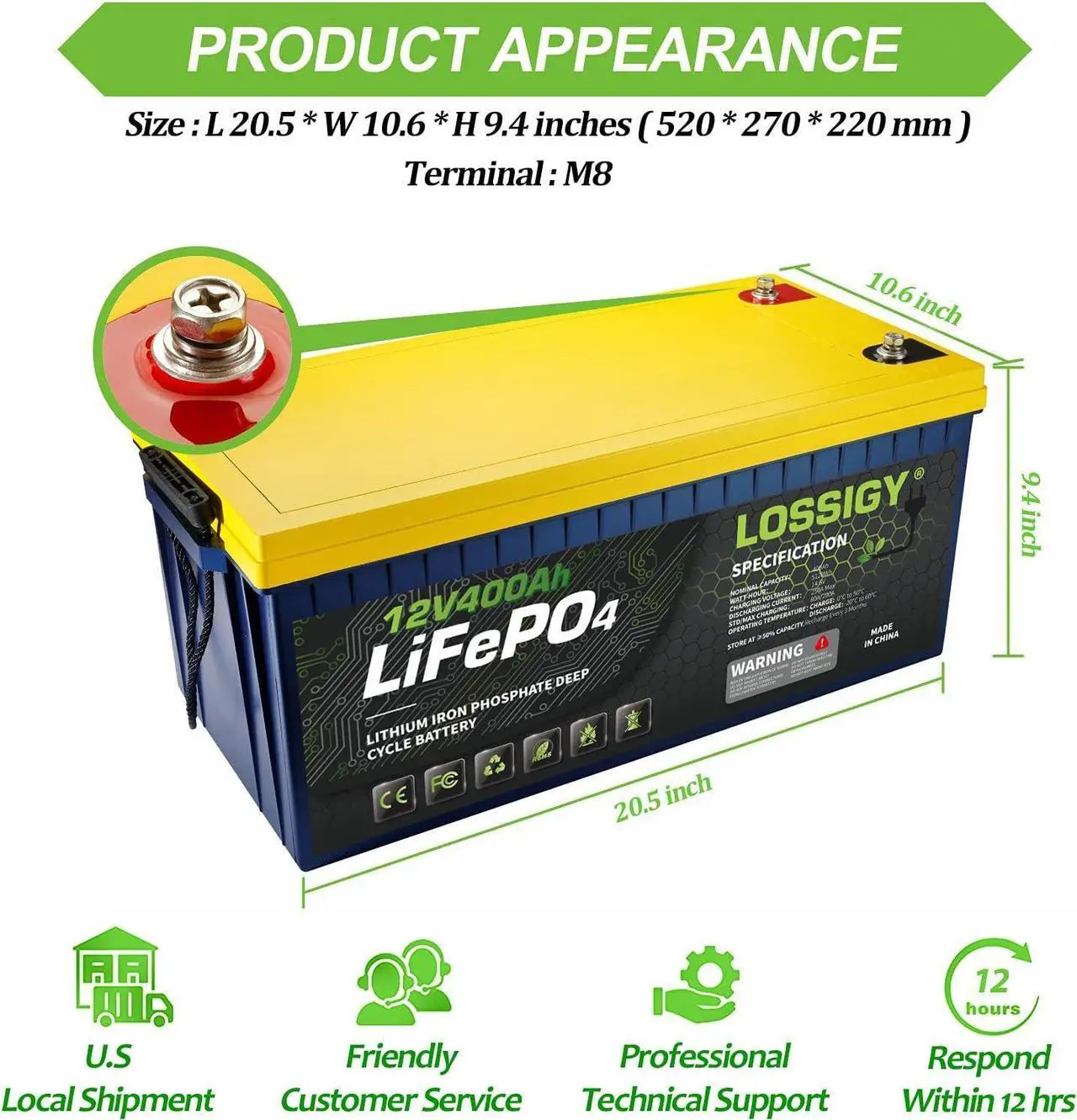 Alt view image 2 of 6 - 12V 100AH Lifepo4 Battery, Deep Cycle Rechargeable Lithium with BMS, 10 Yrs Lifespan, Prefect for Any Solar System, Best for Replacement Your Olds.