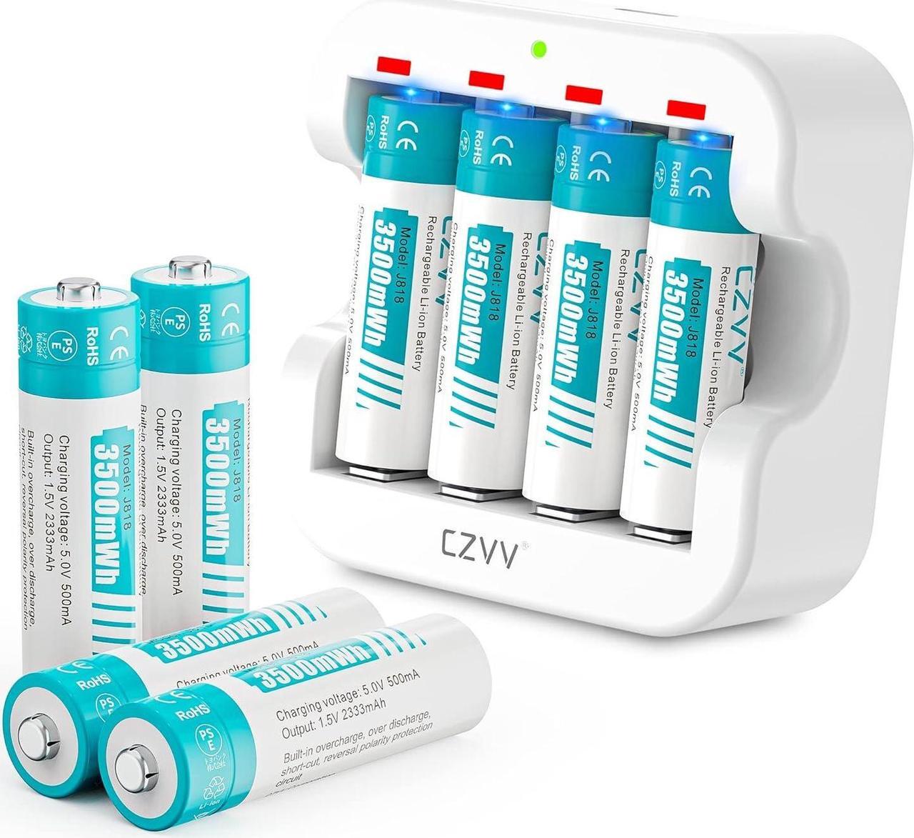 Main image of Rechargeable AA Lithium Batteries - Pre-Recharged 8 Pack with 2H Fast Charger for Household Devices, Long-Lasting High-Capacity 3500mWh, Cycle Times up to 1300x, Constant 1.5V for Security Camera