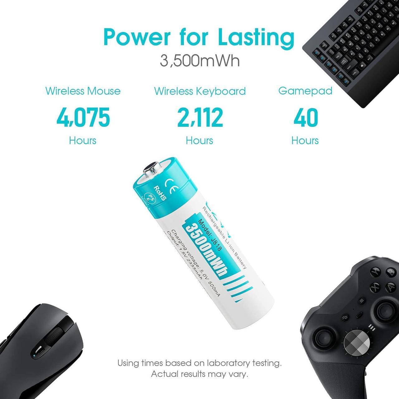 Alt view image 2 of 7 - Rechargeable AA Lithium Batteries - Pre-Recharged 8 Pack with 2H Fast Charger for Household Devices, Long-Lasting High-Capacity 3500mWh, Cycle Times up to 1300x, Constant 1.5V for Security Camera