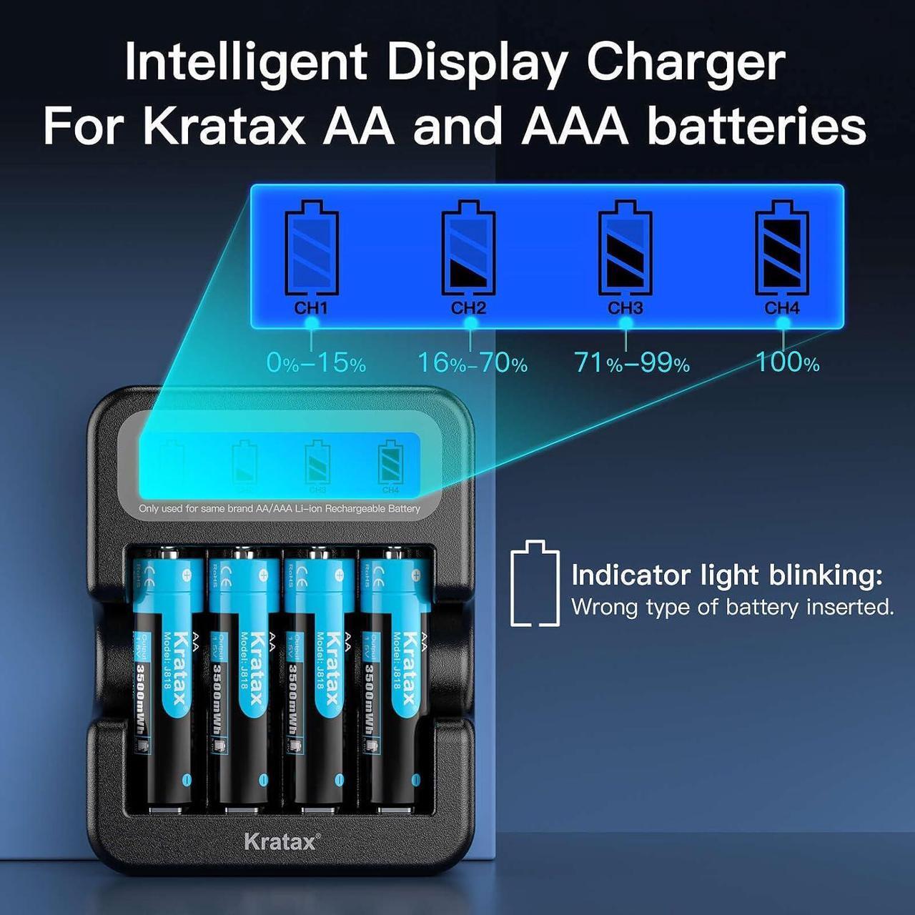 Alt view image 2 of 7 - Rechargeable AA Lithium Batteries, 8 Pack 1.5V AA Li-ion Batteries and 2.5H Intelligent Fast Charger, 1600 Cycles Long-Lasting, 3500mWh High Capacity, Constant Output for Household Office