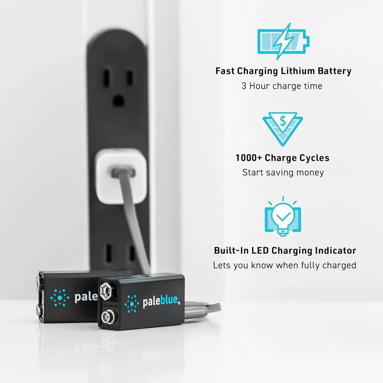 Alt view image 2 of 6 - Rechargeable 9V Smart Batteries with USB Charger by Pale Blue, Lithium Ion 9 Volt 500 mAh, Charges Under 3 Hours, Over 1000 Cycles, 2-in-1 USB to USB-C Charging Cable, LED Charge Indicator, 6-Pack