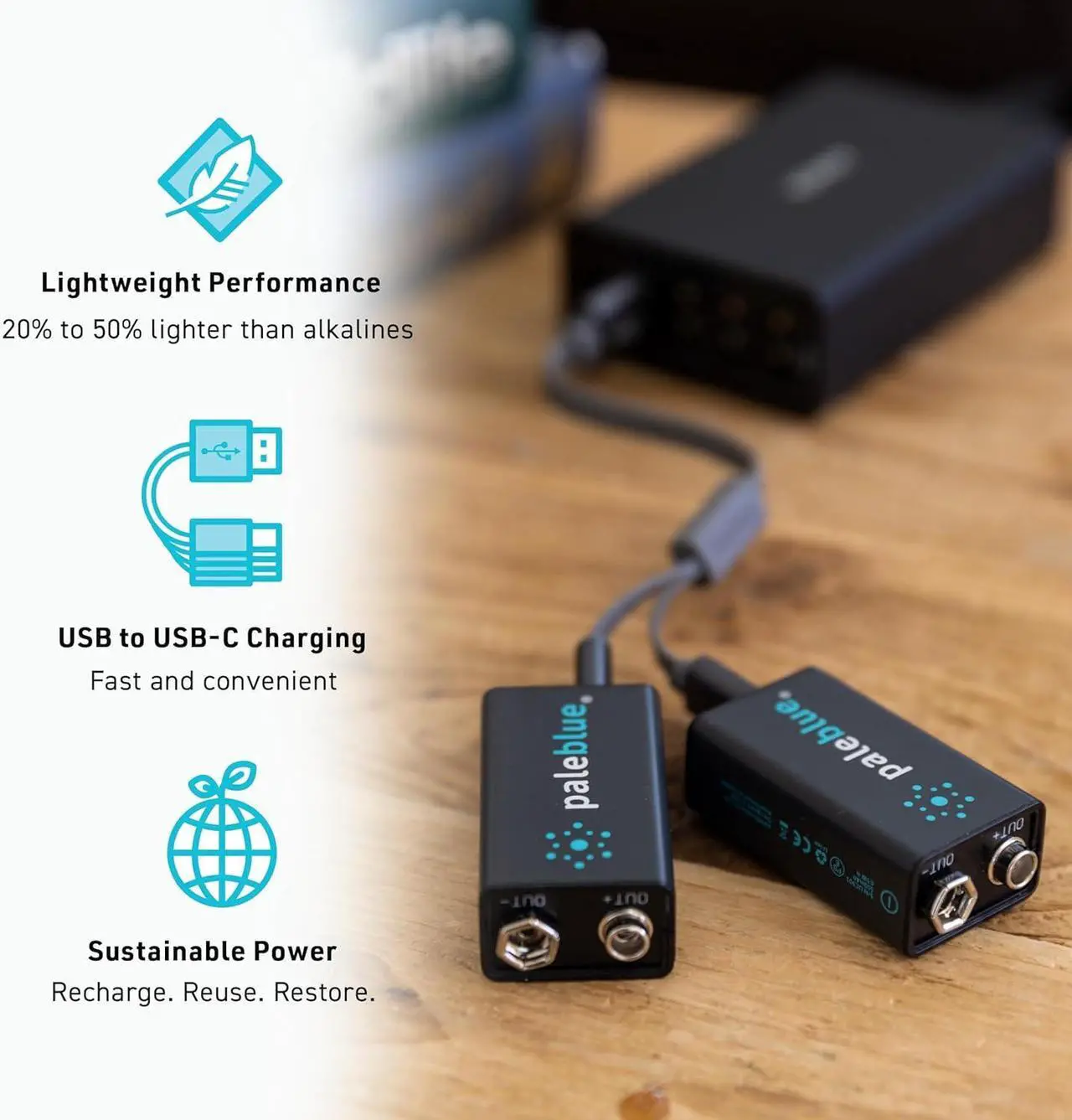 Alt view image 3 of 6 - Rechargeable 9V Smart Batteries with USB Charger by Pale Blue, Lithium Ion 9 Volt 500 mAh, Charges Under 3 Hours, Over 1000 Cycles, 2-in-1 USB to USB-C Charging Cable, LED Charge Indicator, 6-Pack