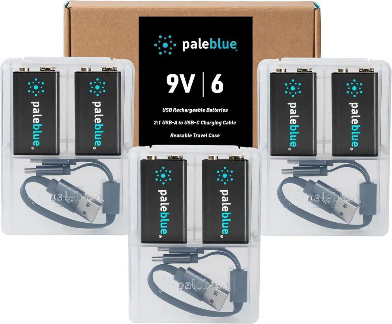 Alt view image 6 of 6 - Rechargeable 9V Smart Batteries with USB Charger by Pale Blue, Lithium Ion 9 Volt 500 mAh, Charges Under 3 Hours, Over 1000 Cycles, 2-in-1 USB to USB-C Charging Cable, LED Charge Indicator, 6-Pack