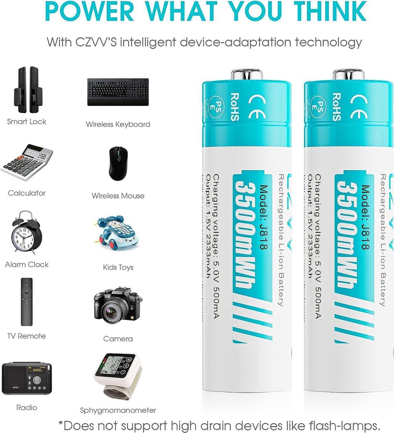 Alt view image 5 of 7 - Rechargeable AA Lithium Batteries - Pre-Recharged 8 Pack with 2H Fast Charger for Household Devices, Long-Lasting High-Capacity 3500mWh, Cycle Times up to 1300x, Constant 1.5V for Security Camera