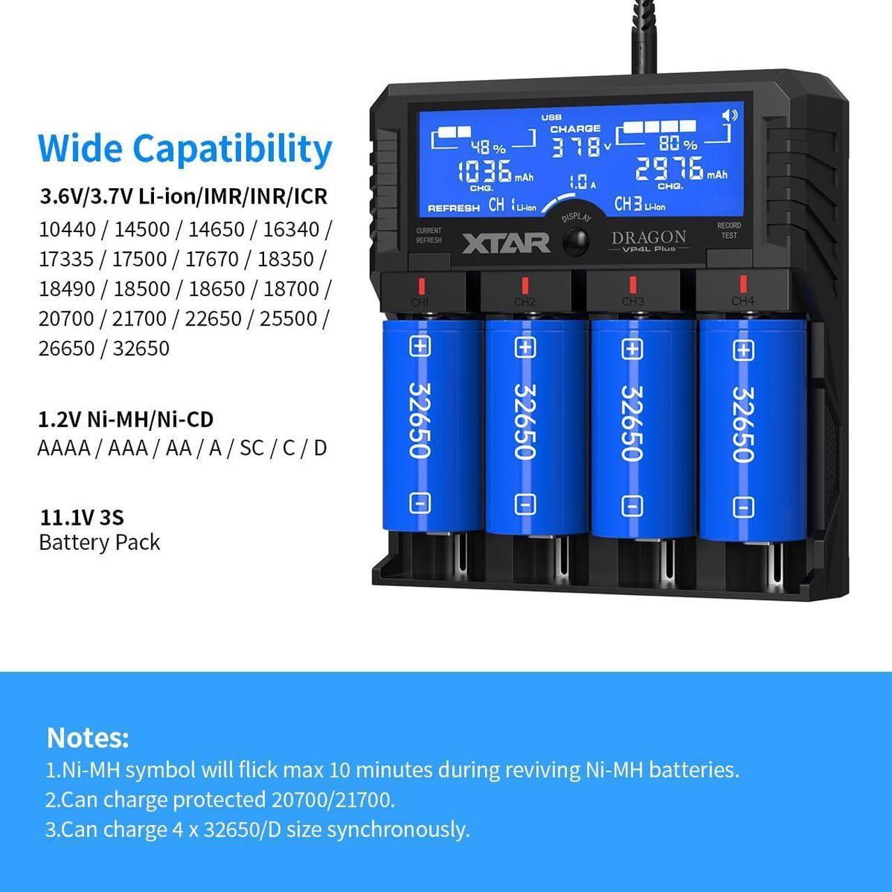 Alt view image 2 of 7 - VP4L Plus Charger 4-Slots Intelligent Universal Battery Charger Analyzer tester for 14500 18650 21700 26650 32650 AAA AA C D Batteries 11.1V /3S Battery Pack