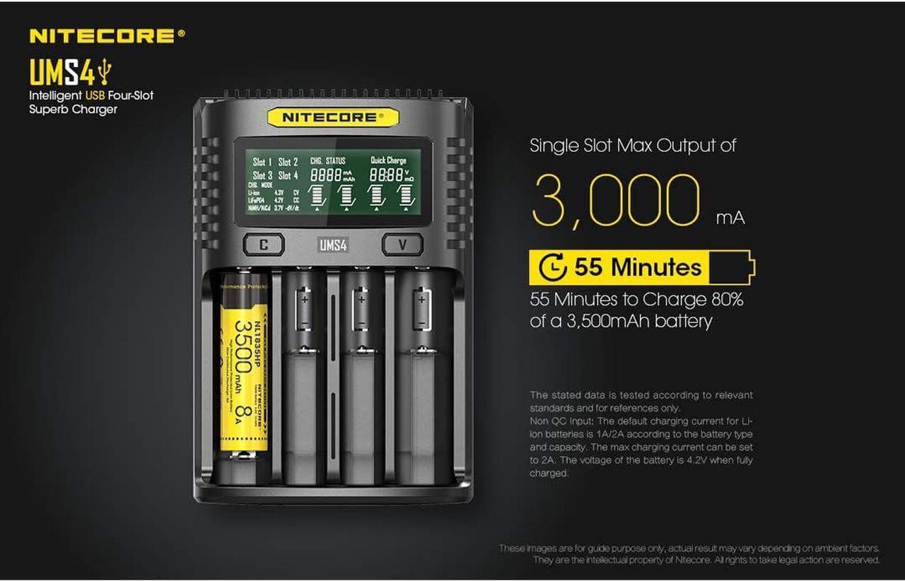 Alt view image 3 of 7 - UMS4 Intelligent USB Four Slot Quick Battery Charger for Li-Ion/Ni-MH/Ni-Cd/IMR 16340 14500 18650 21700 20700 AA AAA and More Batteries, with LumenTac QC3.0 Charging Adapter