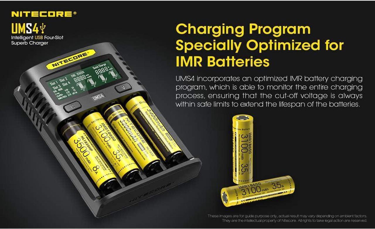 Alt view image 4 of 7 - UMS4 Intelligent USB Four Slot Quick Battery Charger for Li-Ion/Ni-MH/Ni-Cd/IMR 16340 14500 18650 21700 20700 AA AAA and More Batteries, with LumenTac QC3.0 Charging Adapter