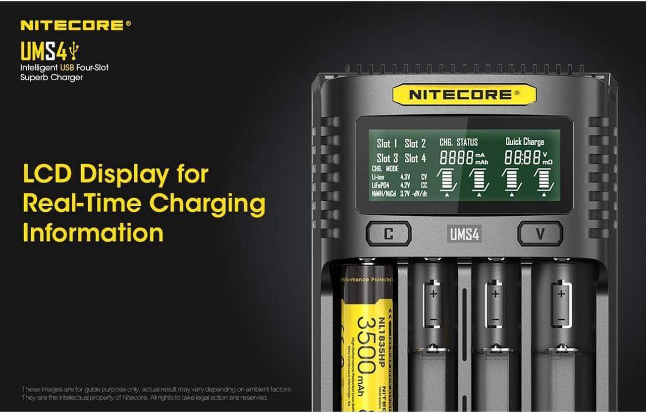 Alt view image 5 of 7 - UMS4 Intelligent USB Four Slot Quick Battery Charger for Li-Ion/Ni-MH/Ni-Cd/IMR 16340 14500 18650 21700 20700 AA AAA and More Batteries, with LumenTac QC3.0 Charging Adapter