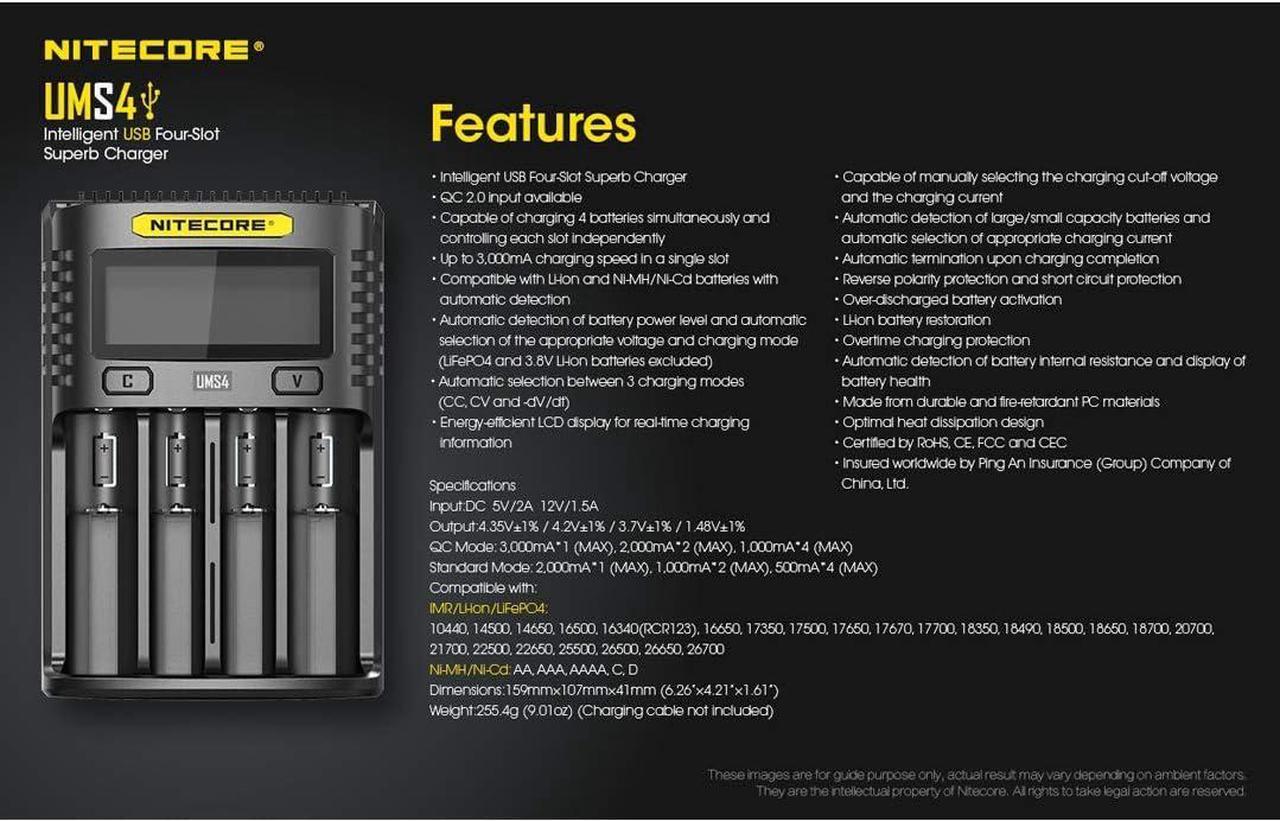 Alt view image 6 of 7 - UMS4 Intelligent USB Four Slot Quick Battery Charger for Li-Ion/Ni-MH/Ni-Cd/IMR 16340 14500 18650 21700 20700 AA AAA and More Batteries, with LumenTac QC3.0 Charging Adapter
