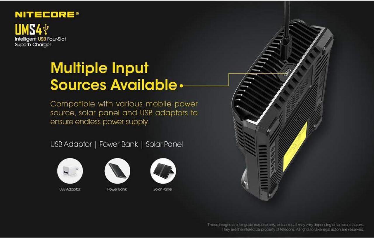Alt view image 7 of 7 - UMS4 Intelligent USB Four Slot Quick Battery Charger for Li-Ion/Ni-MH/Ni-Cd/IMR 16340 14500 18650 21700 20700 AA AAA and More Batteries, with LumenTac QC3.0 Charging Adapter