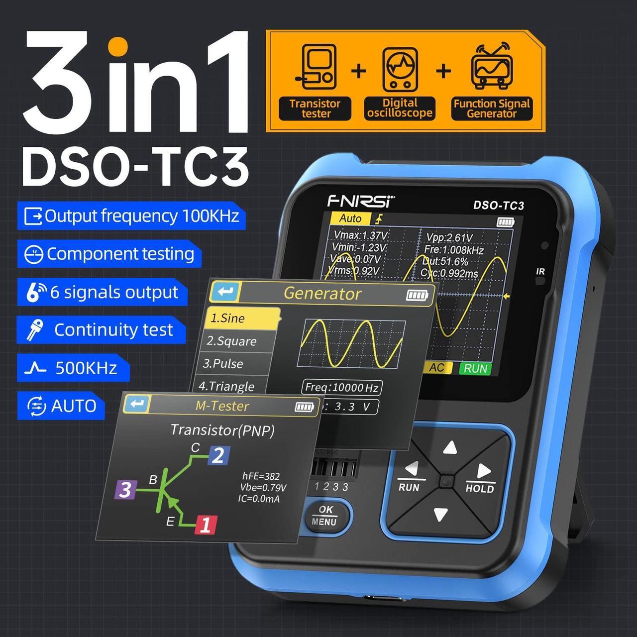 Alt view image 2 of 7 - DSO-TC3 Oscilloscope - 3-in-1 Handheld Oscilloscope & DDS Signal Generator & Transistor Tester, 500Khz Bandwidth 10MSa/s Sampling Rate, 6 Types of Waveforms, Transistors Measure