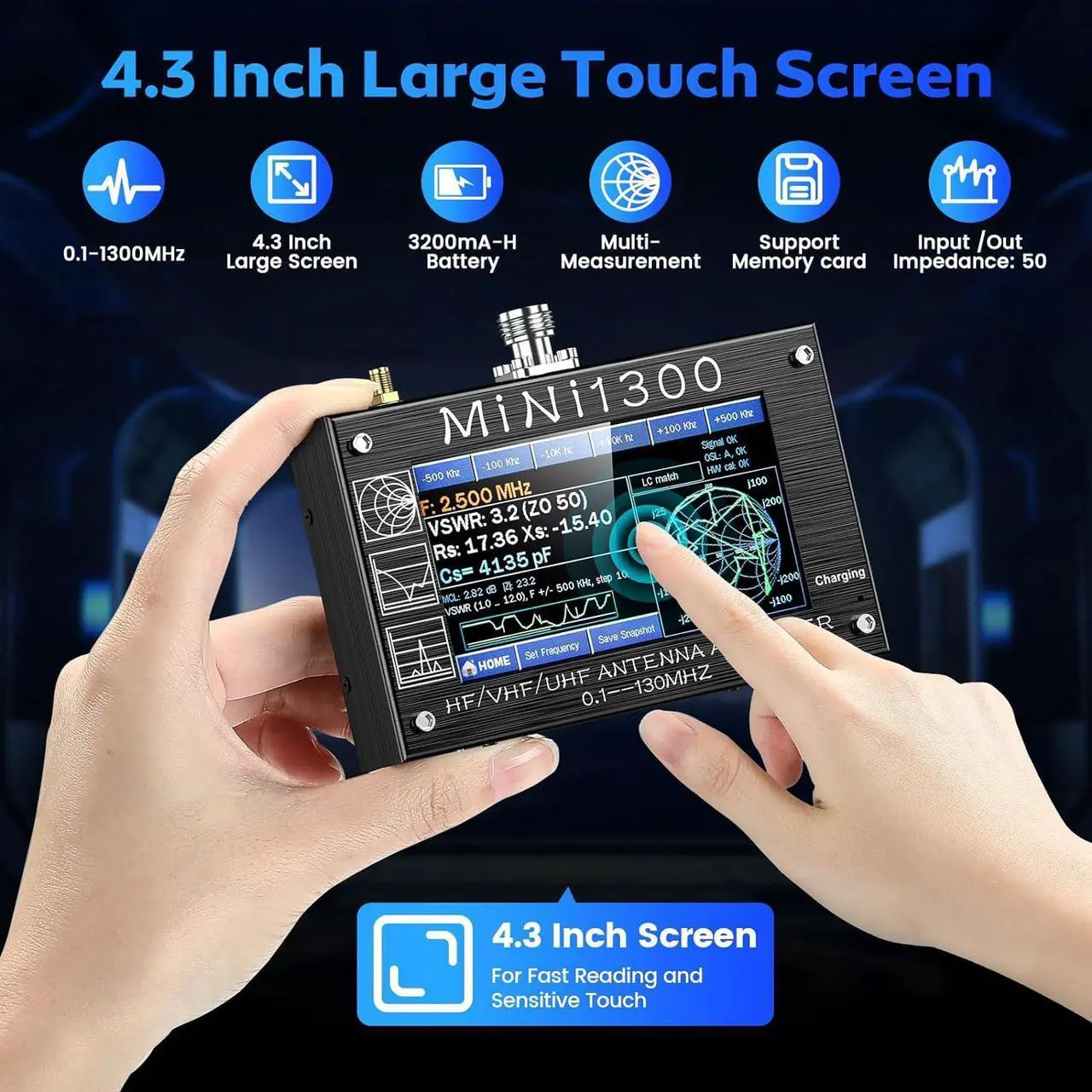 Alt view image 3 of 7 - Mini 1300 Antenna Analyzer,SeeSii 4.3 Inch 0.1-1300MHz HF VHF UHF Antenna Analyzer with SMA Calibration Kits,Multi Measurement ANT/SWR/TDR/DSP RF Signal Generator Vector Network Analyzer
