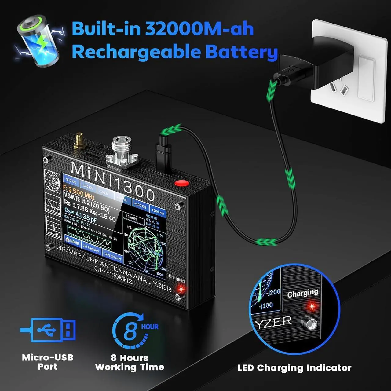 Alt view image 4 of 7 - Mini 1300 Antenna Analyzer,SeeSii 4.3 Inch 0.1-1300MHz HF VHF UHF Antenna Analyzer with SMA Calibration Kits,Multi Measurement ANT/SWR/TDR/DSP RF Signal Generator Vector Network Analyzer