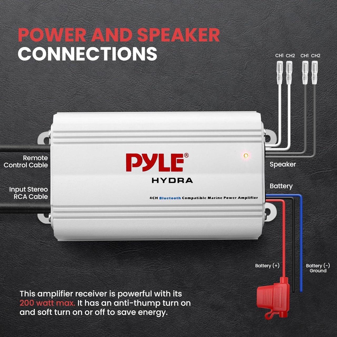 Alt view image 4 of 6 - Auto 4-Channel Marine Amplifier - 200 Watt RMS 4 OHM Full Range Stereo with Wireless Bluetooth & Powerful Prime Speaker - High Crossover HD Music Audio Multi Channel System PLMRMB4CW White