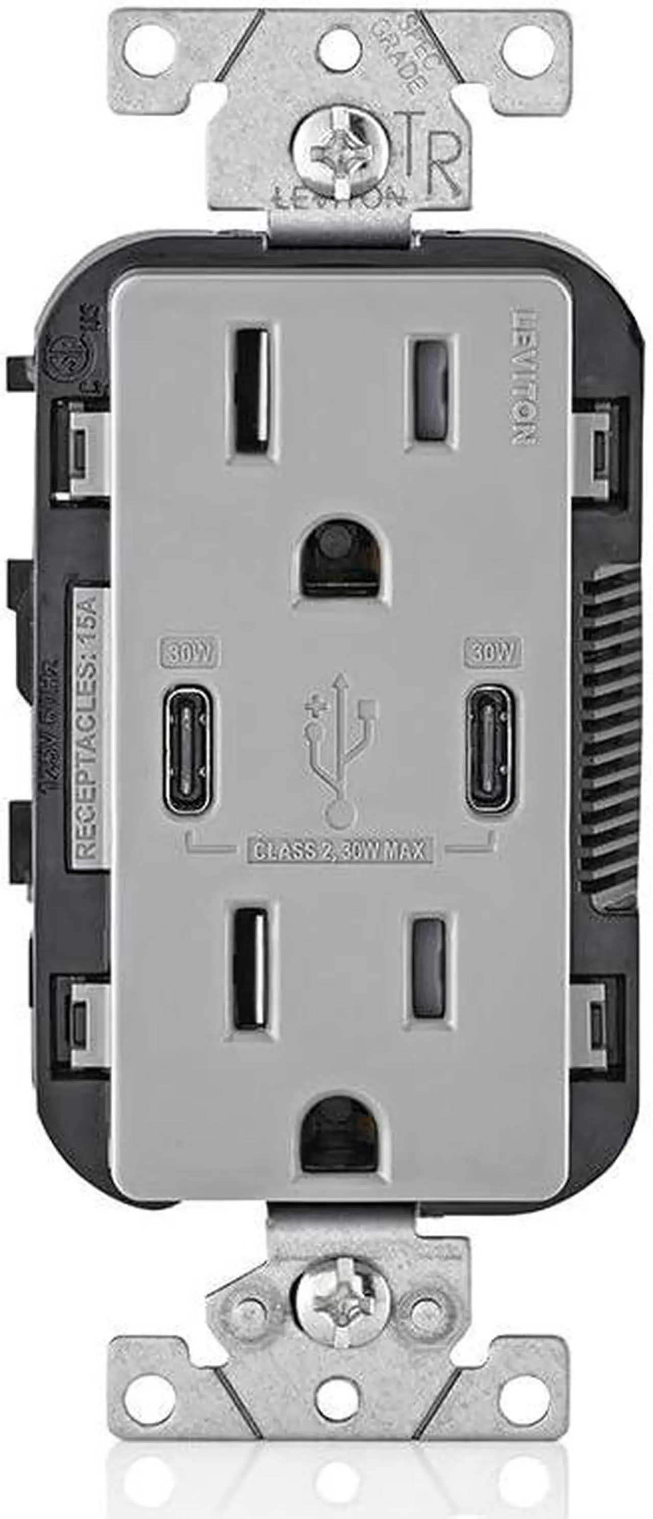 Main image of Leviton 30W (6A) USB Dual Type-C/C Power Delivery In-Wall Charger with 15A Tamper-Resistant Outlet, USB Charger for Smartphones, Tablets, Laptops, T5635-G, Gray