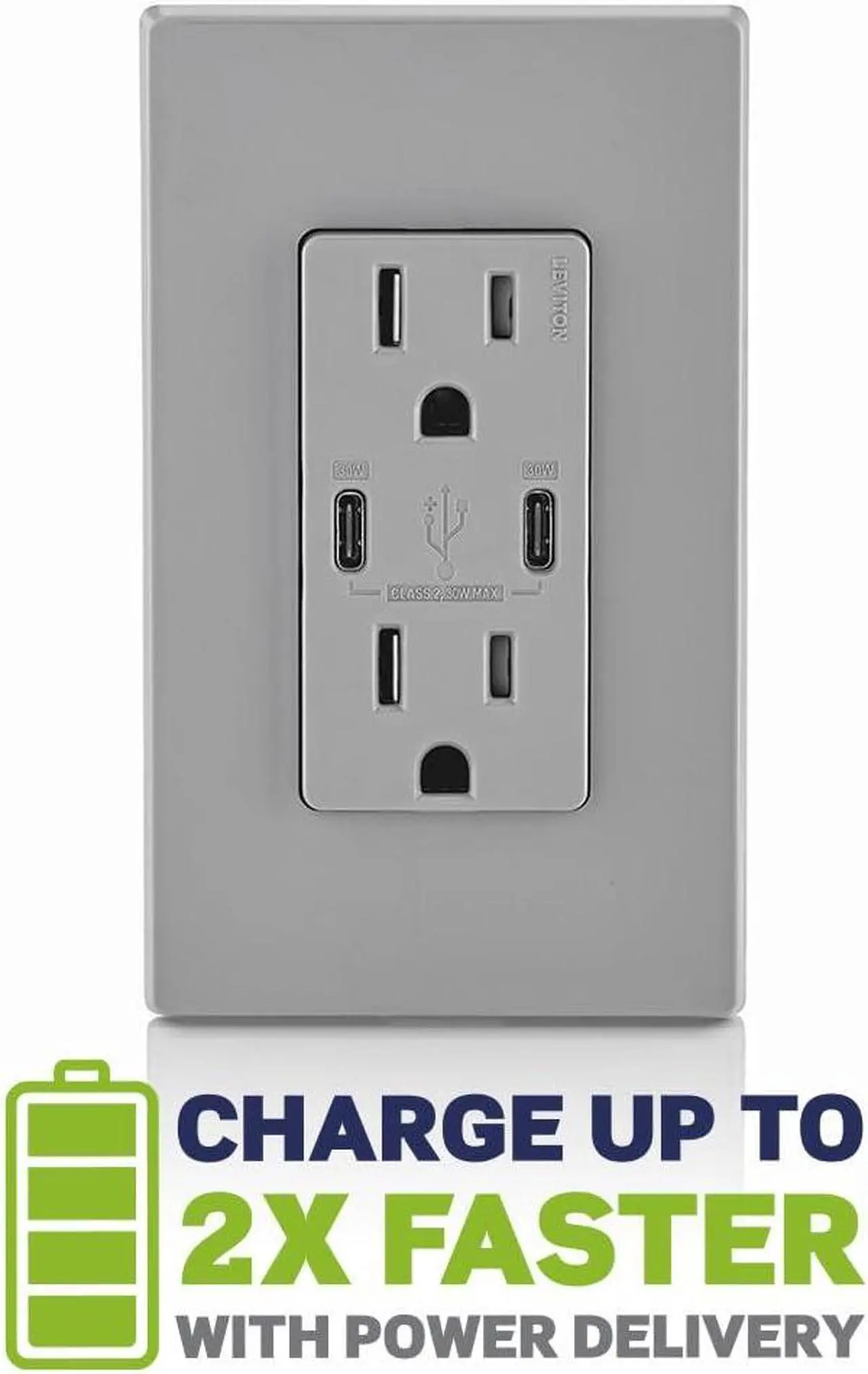 Alt view image 4 of 7 - Leviton 30W (6A) USB Dual Type-C/C Power Delivery In-Wall Charger with 15A Tamper-Resistant Outlet, USB Charger for Smartphones, Tablets, Laptops, T5635-G, Gray