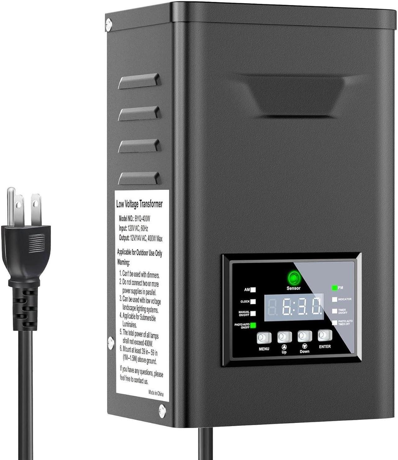 Main image of 400W Low Voltage Landscape Transformer, Outdoor Weatherproof Transformer with Timer and Photocell Sensor, Landscape Lighting Transformer 120V AC to 12/14V AC for Spotlight Pathway Lights
