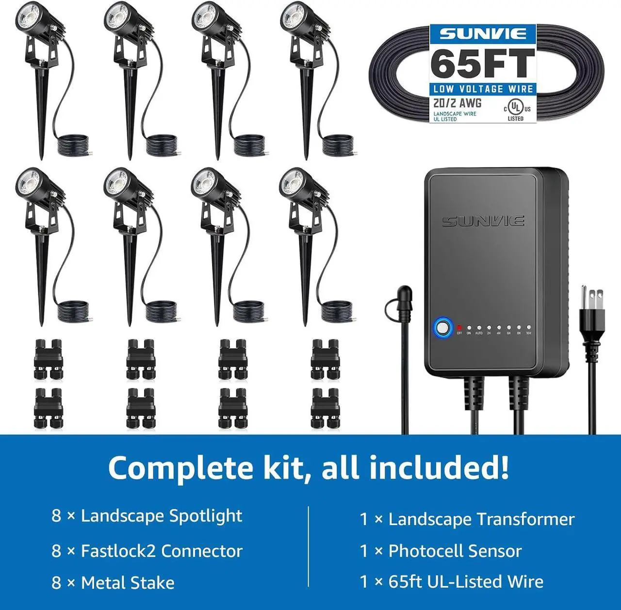 Alt view image 7 of 7 - All-In-One LED Landscape Lighting Kit, 8-Pack Low Voltage Landscape Lights with Transformer and 65FT UL-Listed Wire, 3000K Waterproof Outdoor Uplights with Connectors for Yard House Garden Tree