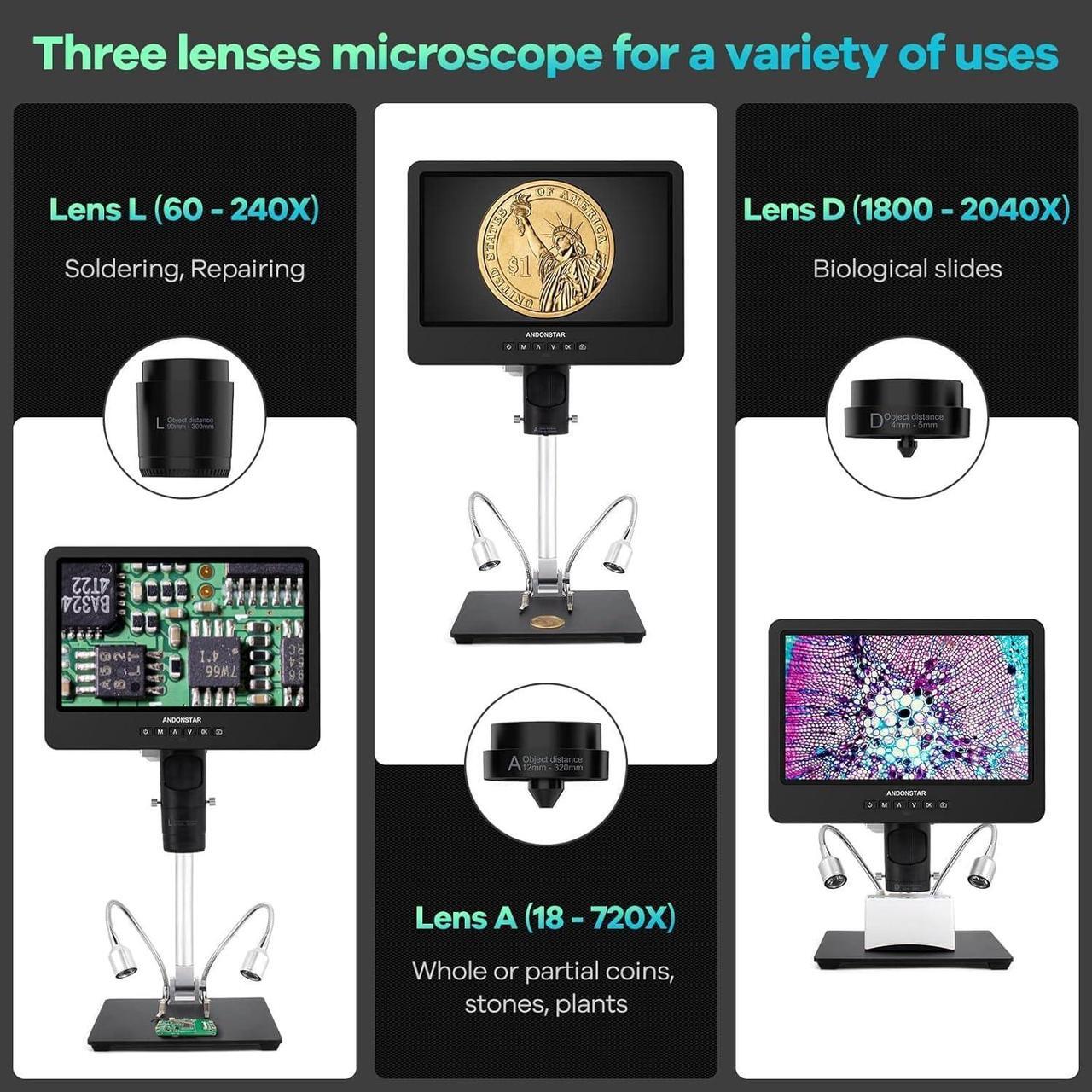 Alt view image 2 of 7 - AD249S-M 10.1 Inch HDMI Digital Coin Microscope 2000x for Adults, 3 Lens 2160P UHD Video Record, Soldering / Biological Microscope Kit with 32G Card, Windows Compatible