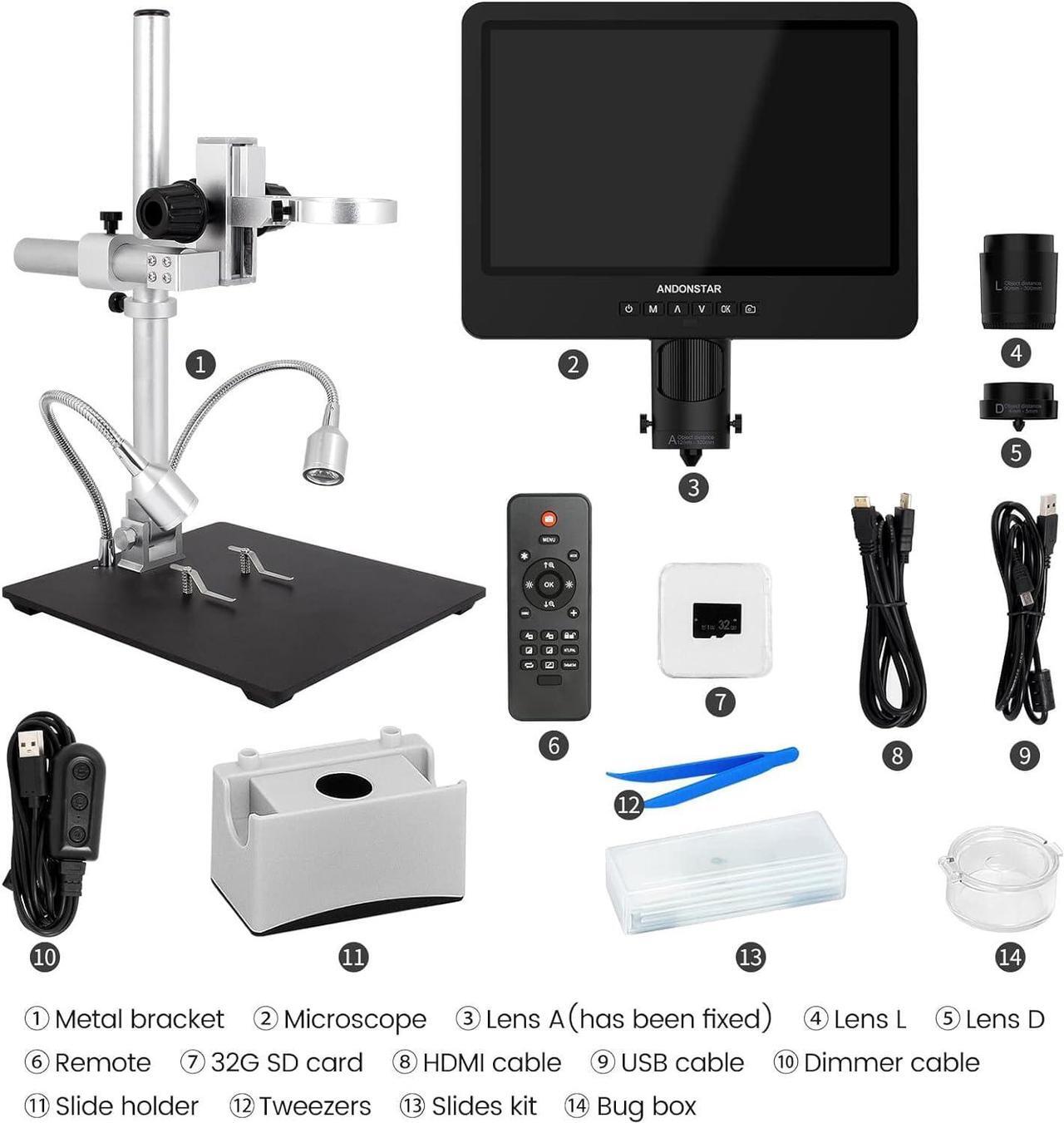 Alt view image 7 of 7 - AD249S-M 10.1 Inch HDMI Digital Coin Microscope 2000x for Adults, 3 Lens 2160P UHD Video Record, Soldering / Biological Microscope Kit with 32G Card, Windows Compatible