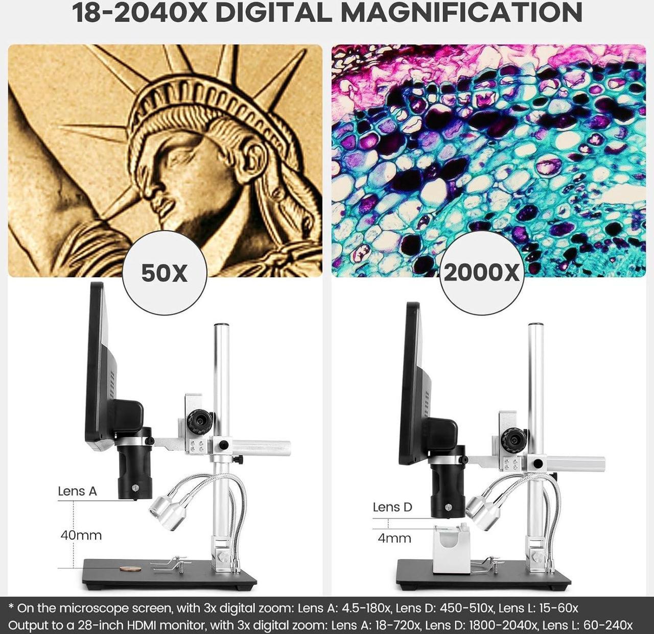 Alt view image 6 of 7 - AD249S-M 10.1 Inch HDMI Digital Coin Microscope 2000x for Adults, 3 Lens 2160P UHD Video Record, Soldering / Biological Microscope Kit with 32G Card, Windows Compatible